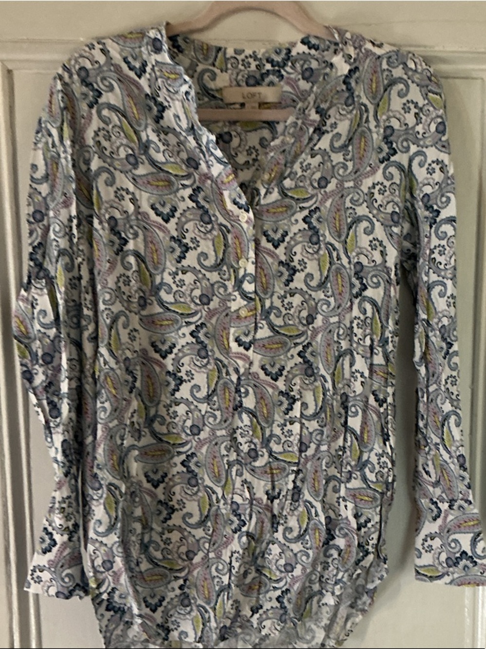 LOFT White Paisley Button-Front Tunic top with Blue, Yellow & Pink Accents